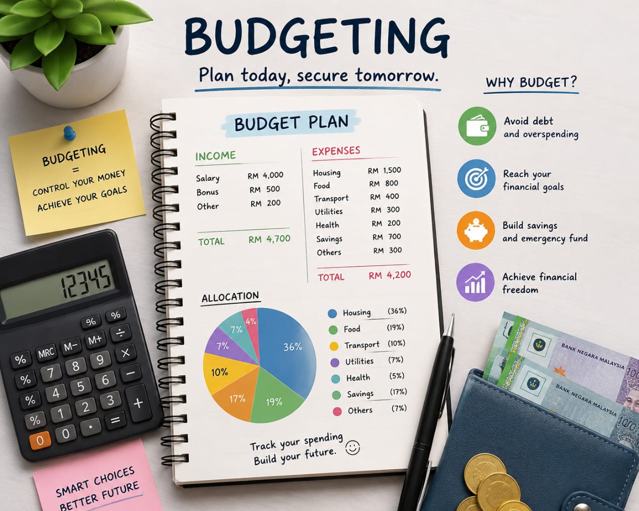 Person planning a monthly budget with notes and calculator